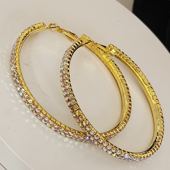 Large Gold Hoop Earrings AB Iridescent Crystals - Picture 1 of 8
